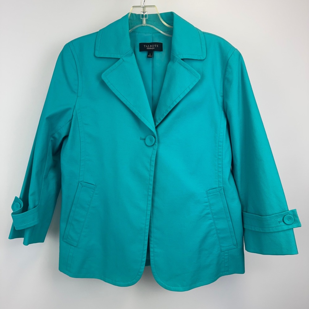 Talbots Womens Turquoise Textured Single Button Blazer Jacket Size 6 ID27 04/10